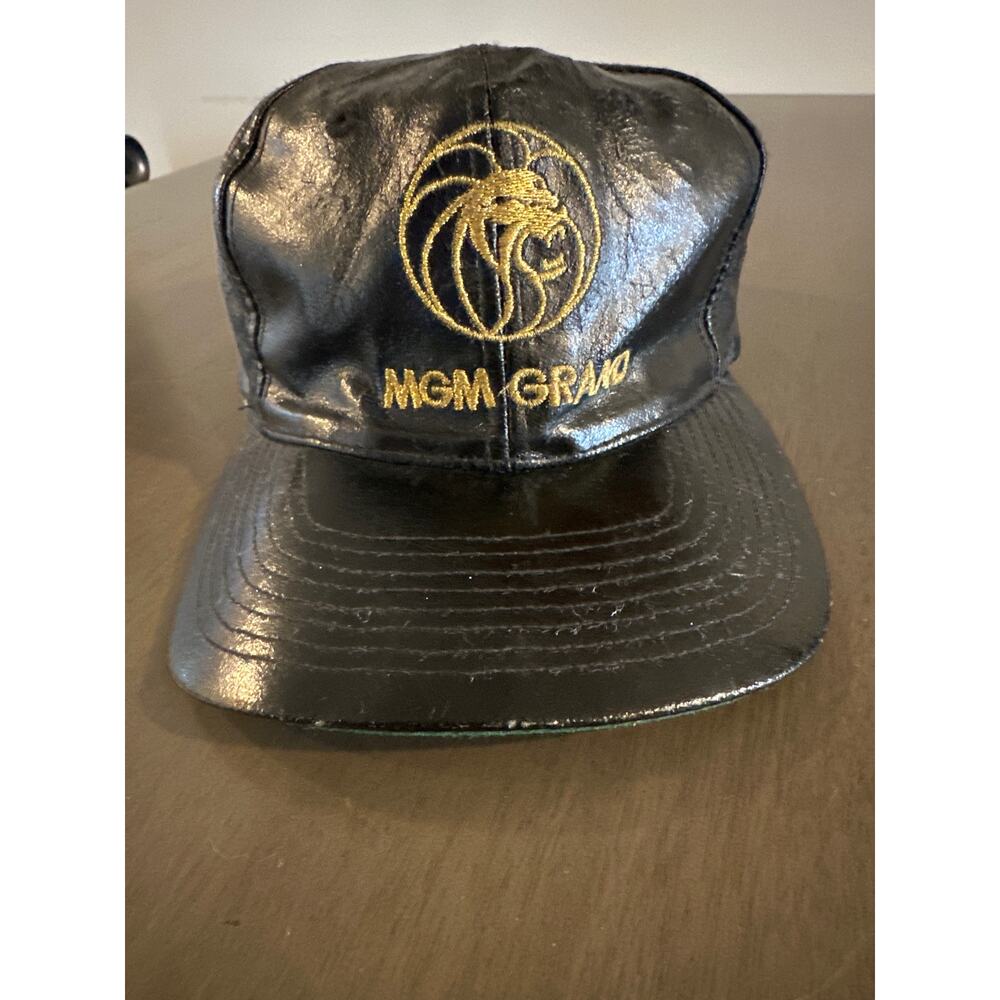 Vintage 1992 MGM Grand Las Vegas Leather SnapBack Hat Casino Hotel Gold Embroid